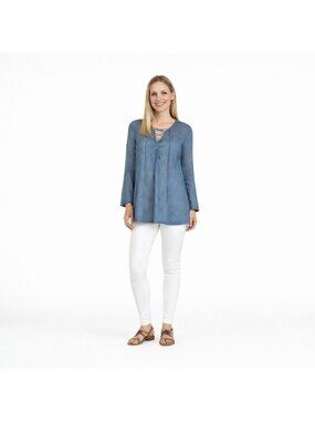 ZARA Denim Tunic Top Small With Lace-Up Front Long Sleeves